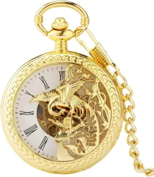 VSULZVNU Retro Bronze Phoenix Carving Hollow Cover Double Open Case Pocket Watch Mechanical Hand Winding Chain Watch for Men Women