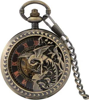 VSULZVNU Retro Bronze Phoenix Carving Hollow Cover Double Open Case Pocket Watch Mechanical Hand Winding Chain Watch for Men Women