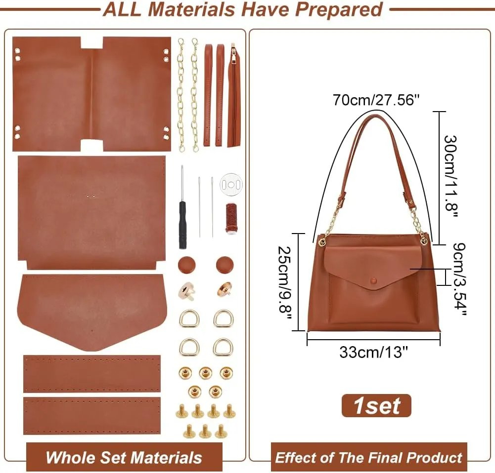 WADORN DIY PU Leather Bag Making Kit, Brown Large Tote Bag Making Kit DIY PU Leather Shoulder Bag DIY Sewing kit with Bag Sewing Kit for Purse Crossbody Bag Making Accessories, 9.8x12.9x3.7 Inch