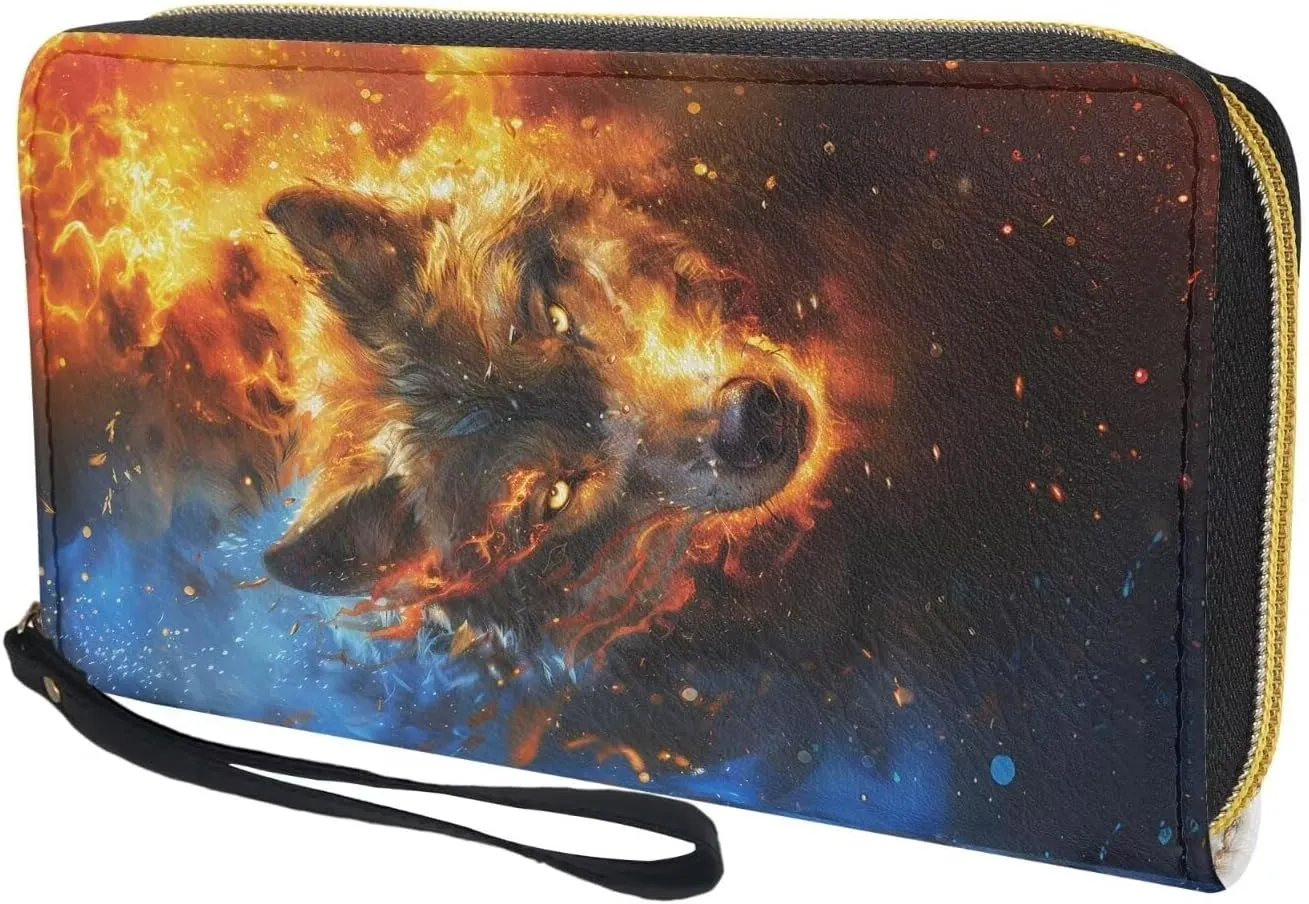 Wallet for Cool Wolf Pattern Travel Business Shopping Money Clips Handbag Purse Zipper Clutch Bag with Wristlet Strap