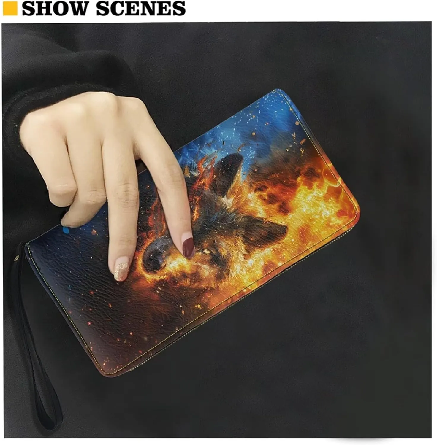 Wallet for Cool Wolf Pattern Travel Business Shopping Money Clips Handbag Purse Zipper Clutch Bag with Wristlet Strap