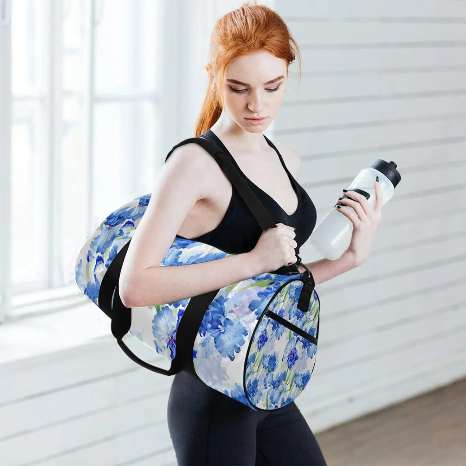Watercolor Blue Iris Flowers with Green Leaves Botanical Texture Portable Gym Bag, Travel Bag, Luggage bag, Sports Bag, Toiletry Bag with Handles, Detachable Shoulder Strap 17.6 x 9 x 9 inch
