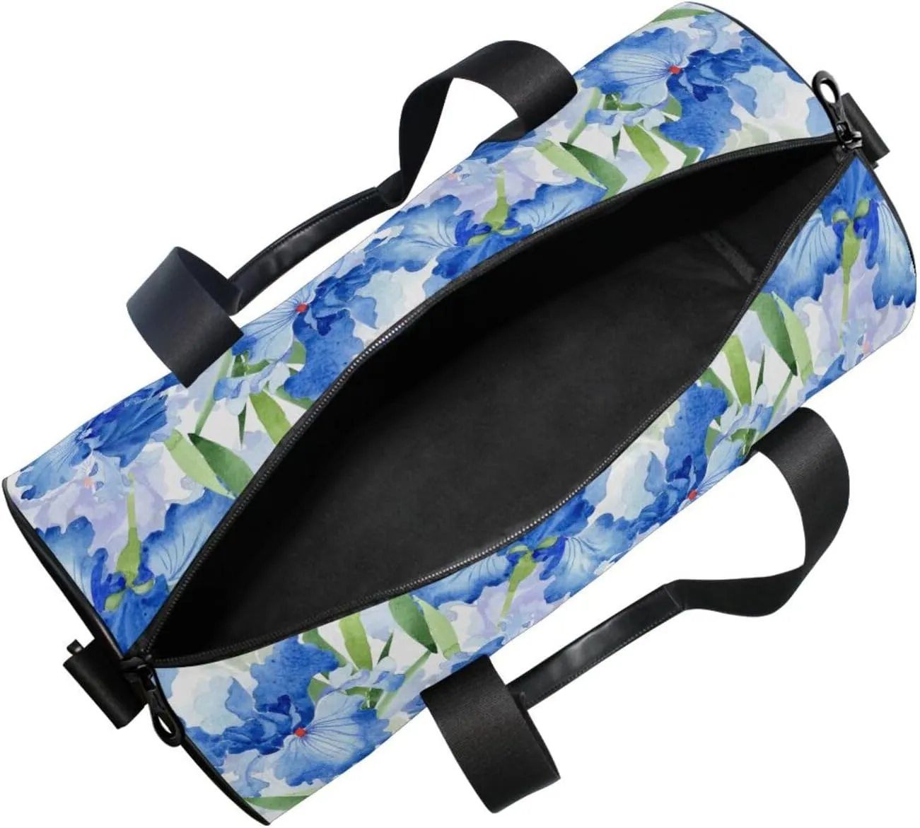 Watercolor Blue Iris Flowers with Green Leaves Botanical Texture Portable Gym Bag, Travel Bag, Luggage bag, Sports Bag, Toiletry Bag with Handles, Detachable Shoulder Strap 17.6 x 9 x 9 inch