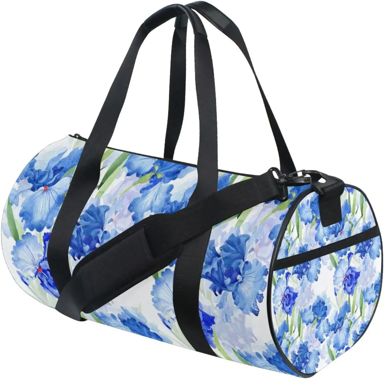 Watercolor Blue Iris Flowers with Green Leaves Botanical Texture Portable Gym Bag, Travel Bag, Luggage bag, Sports Bag, Toiletry Bag with Handles, Detachable Shoulder Strap 17.6 x 9 x 9 inch