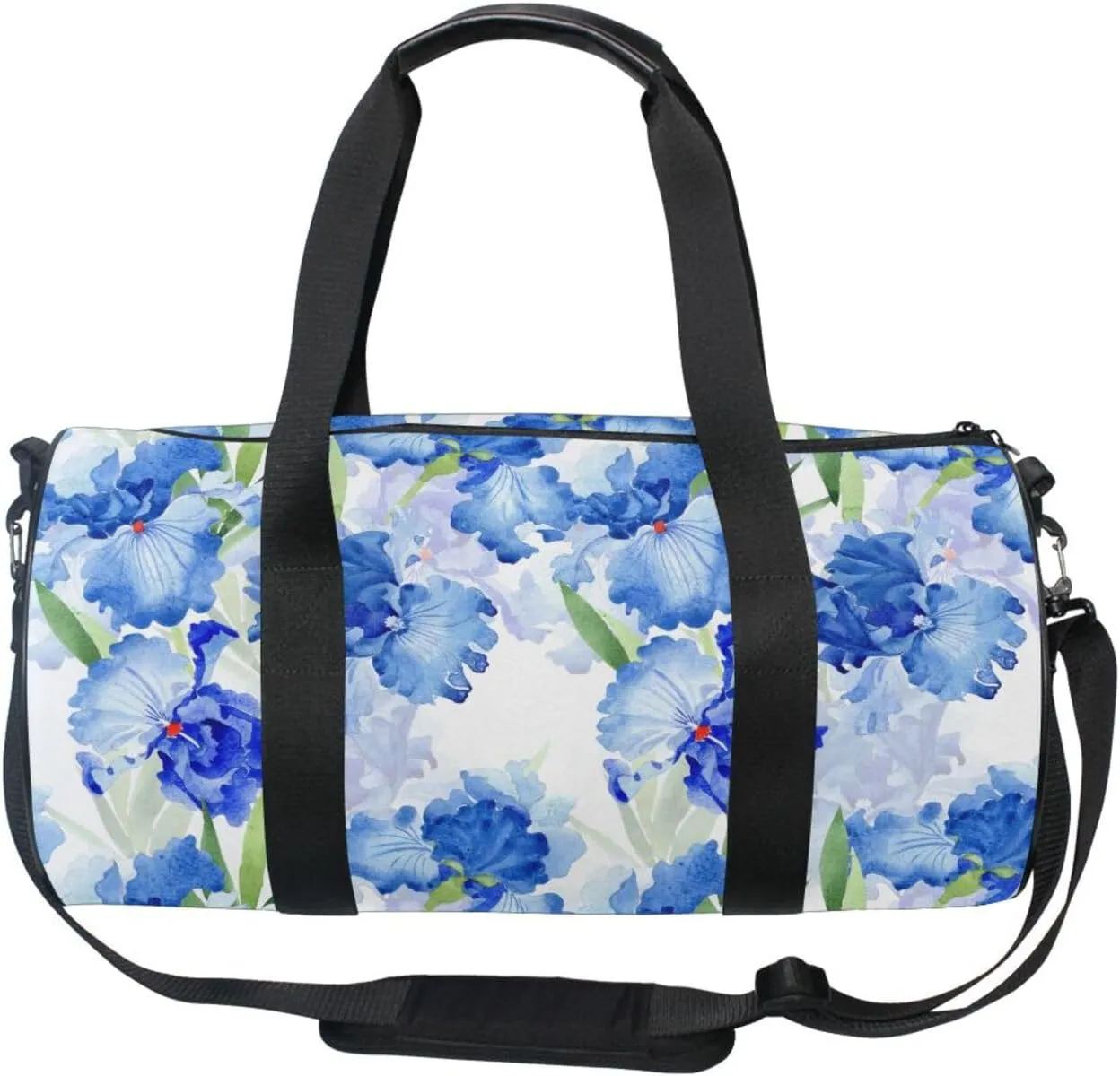 Watercolor Blue Iris Flowers with Green Leaves Botanical Texture Portable Gym Bag, Travel Bag, Luggage bag, Sports Bag, Toiletry Bag with Handles, Detachable Shoulder Strap 17.6 x 9 x 9 inch