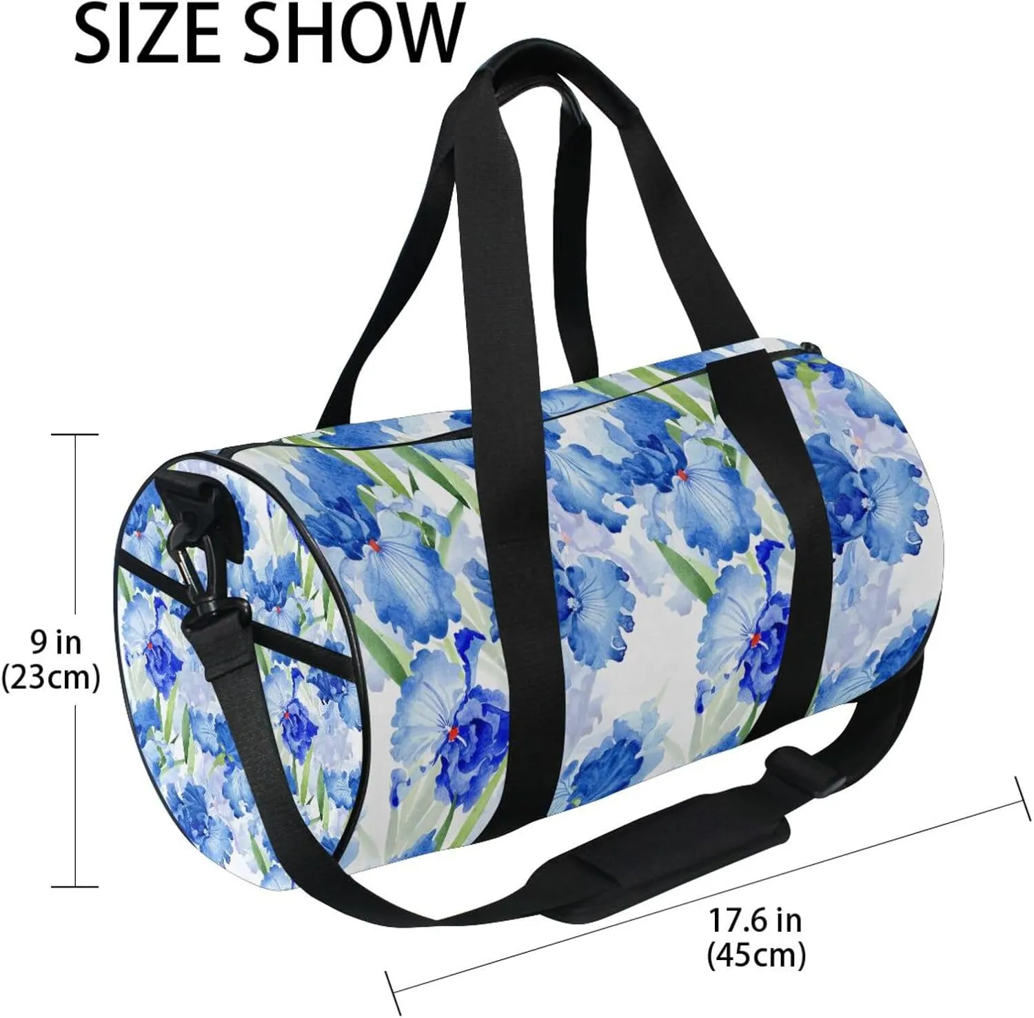 Watercolor Blue Iris Flowers with Green Leaves Botanical Texture Portable Gym Bag, Travel Bag, Luggage bag, Sports Bag, Toiletry Bag with Handles, Detachable Shoulder Strap 17.6 x 9 x 9 inch