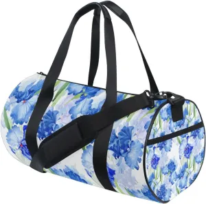 Watercolor Blue Iris Flowers with Green Leaves Botanical Texture Portable Gym Bag, Travel Bag, Luggage bag, Sports Bag, Toiletry Bag with Handles, Detachable Shoulder Strap 17.6 x 9 x 9 inch