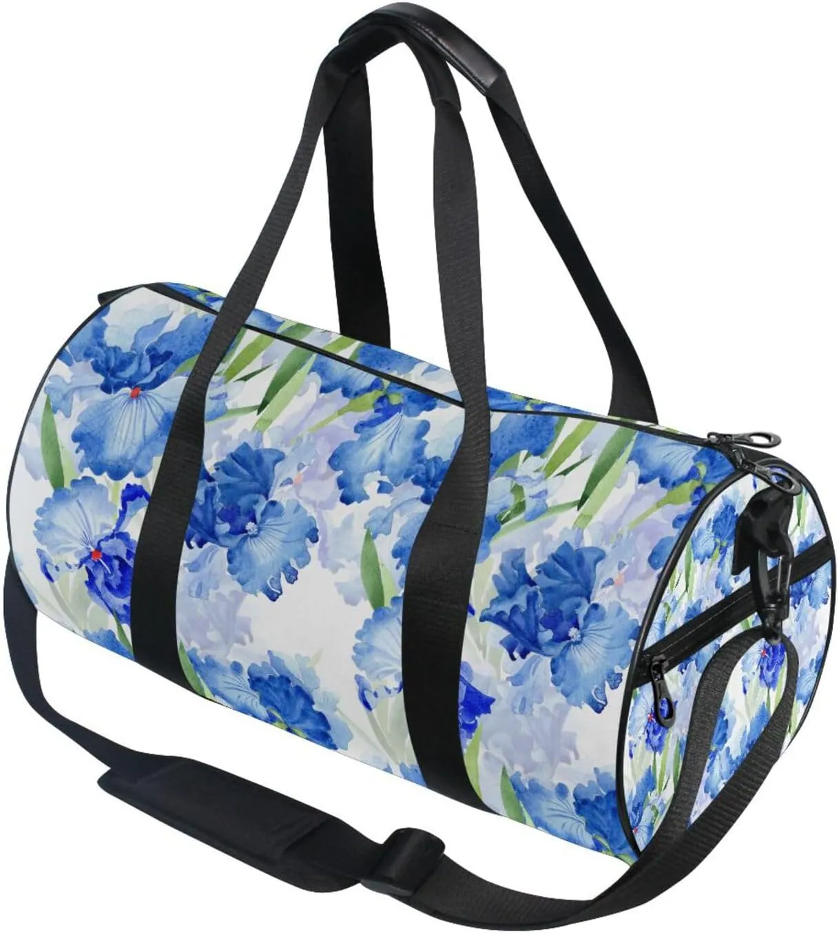 Watercolor Blue Iris Flowers with Green Leaves Botanical Texture Portable Gym Bag, Travel Bag, Luggage bag, Sports Bag, Toiletry Bag with Handles, Detachable Shoulder Strap 17.6 x 9 x 9 inch