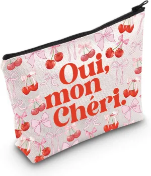 WCGXKO French Gift Oui Mon Cheri Makeup Bag French Mon Cheri Gift Cherry Pink Bow Cosmetic Bag (Oui Mon Cheri Bag)