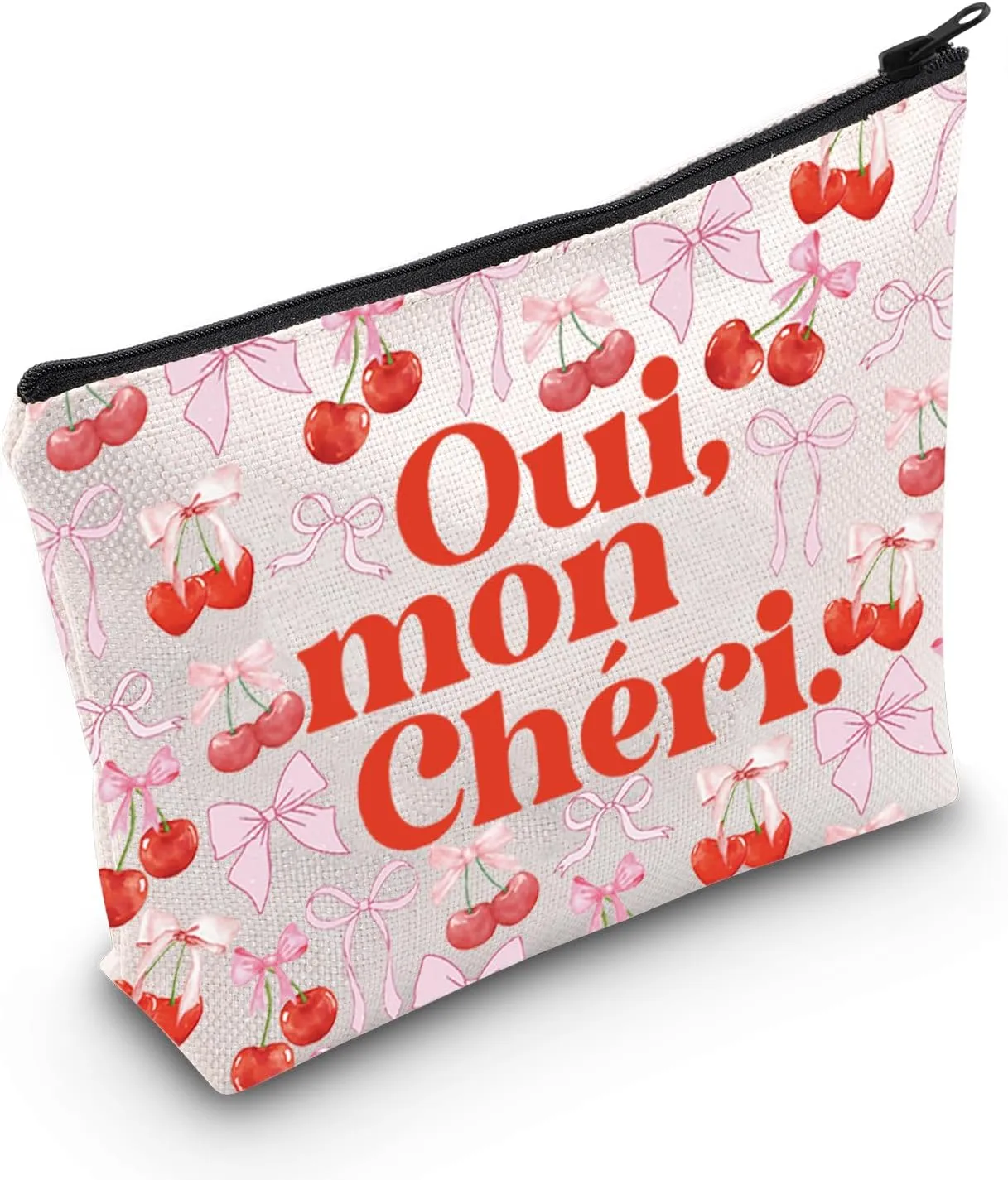 WCGXKO French Gift Oui Mon Cheri Makeup Bag French Mon Cheri Gift Cherry Pink Bow Cosmetic Bag (Oui Mon Cheri Bag)
