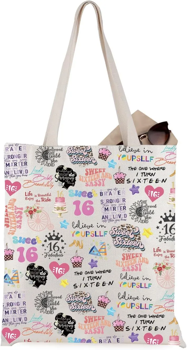 WCGXKO Happy 16th Birthday Gift Sweet 16 Birthday Hello 16 Tote Bag 16 Years Old Gift For Her
