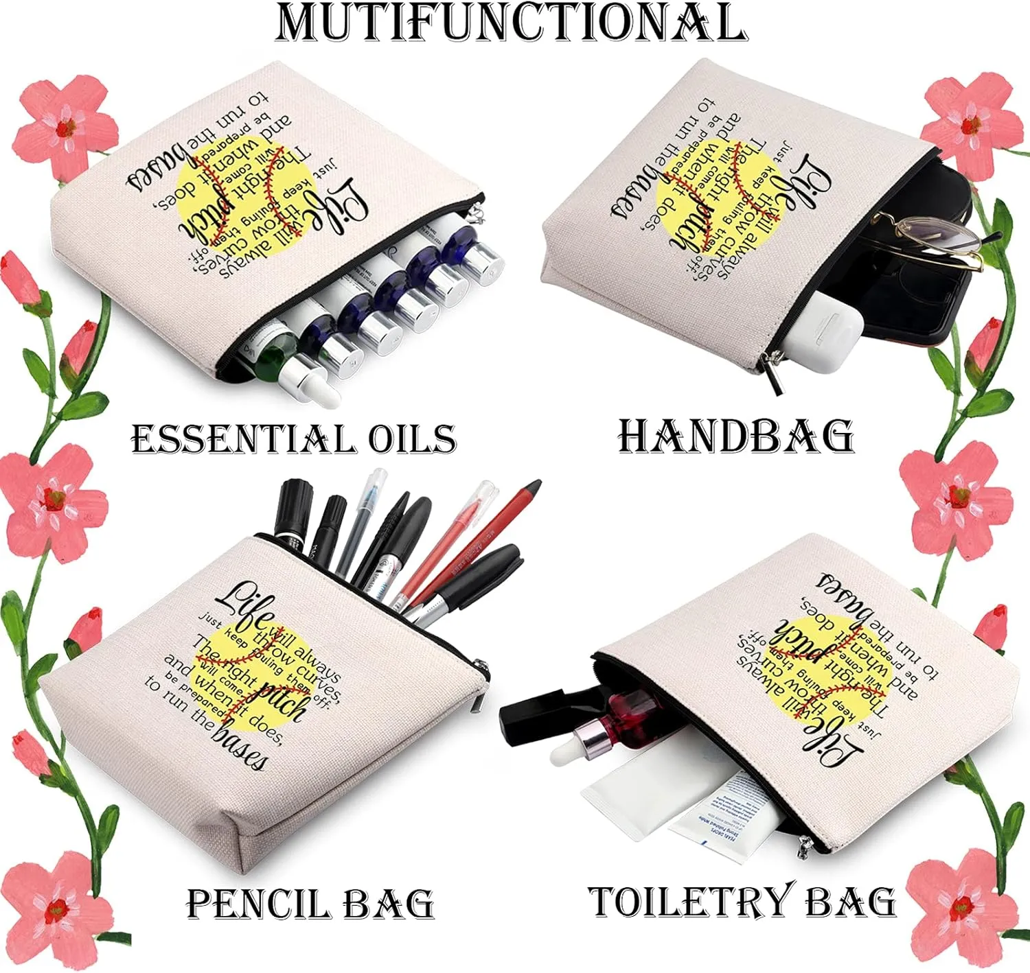 WCGXKO Softball Gift Softball Player Inspirational Gift Life Will Always Throw Curves Softball Theme Makeup Bag (Throw Curves)