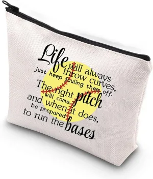 WCGXKO Softball Gift Softball Player Inspirational Gift Life Will Always Throw Curves Softball Theme Makeup Bag (Throw Curves)