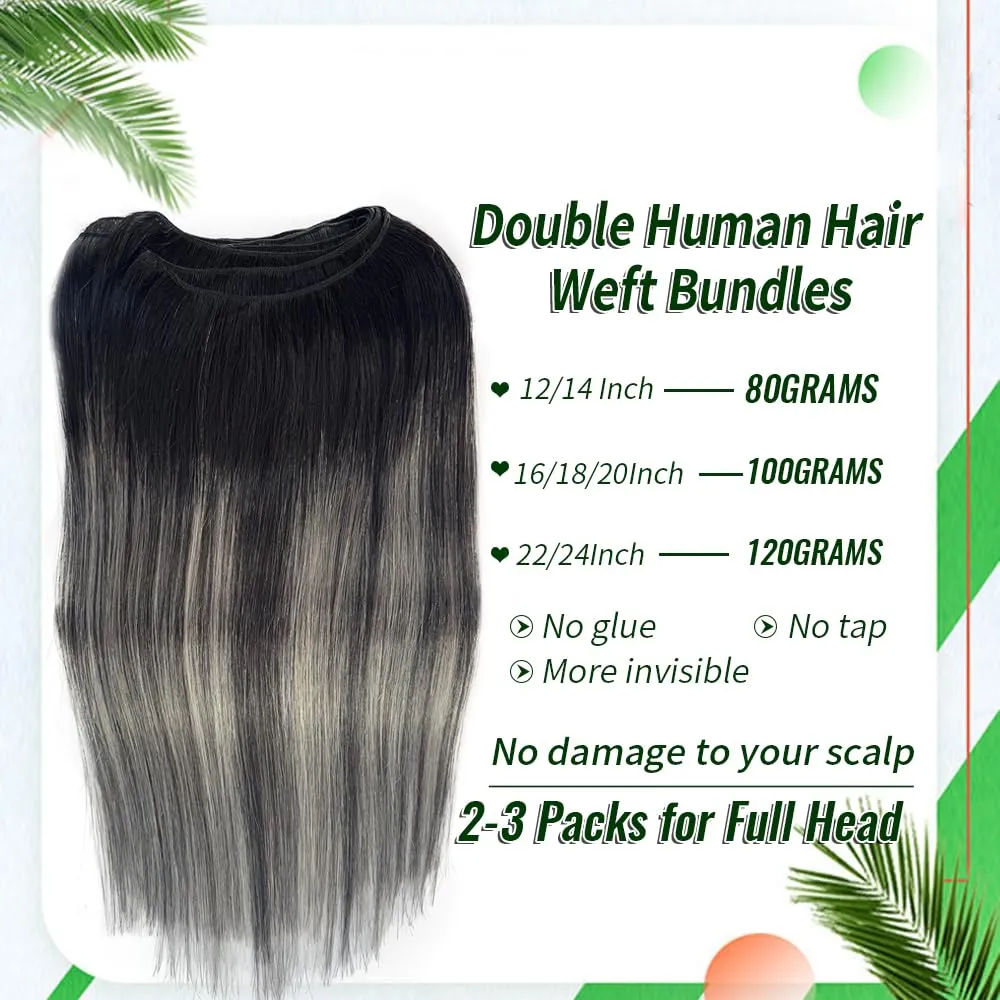 Weft Hair Extensions Human Hair Sew in Weave Bundles Straight Natural Black to Silver 16 Inch Sew in Hair Extensions for Women Real Human Hair