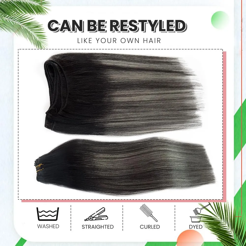 Weft Hair Extensions Human Hair Sew in Weave Bundles Straight Natural Black to Silver 16 Inch Sew in Hair Extensions for Women Real Human Hair