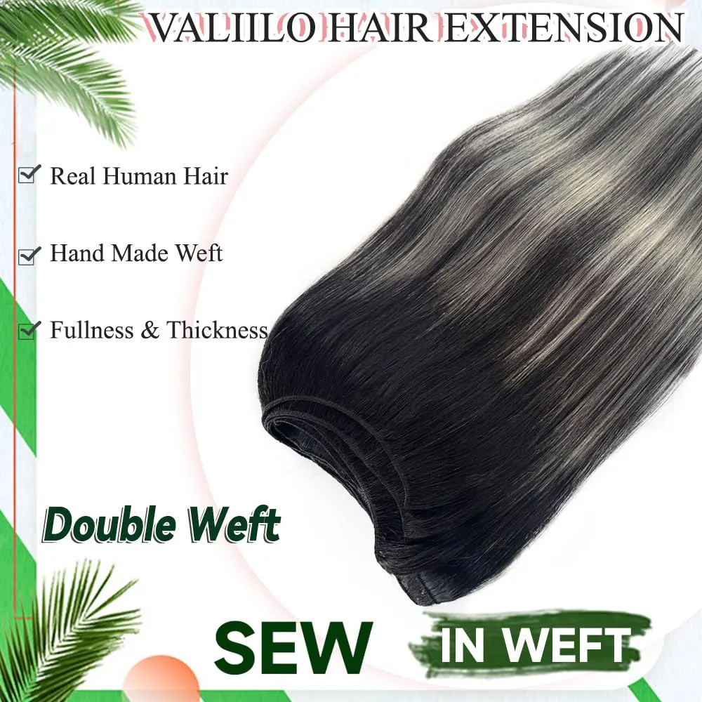 Weft Hair Extensions Human Hair Sew in Weave Bundles Straight Natural Black to Silver 16 Inch Sew in Hair Extensions for Women Real Human Hair