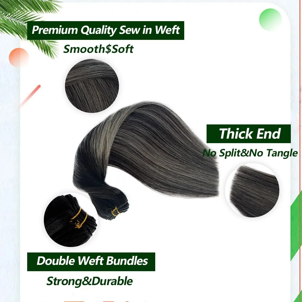 Weft Hair Extensions Human Hair Sew in Weave Bundles Straight Natural Black to Silver 16 Inch Sew in Hair Extensions for Women Real Human Hair