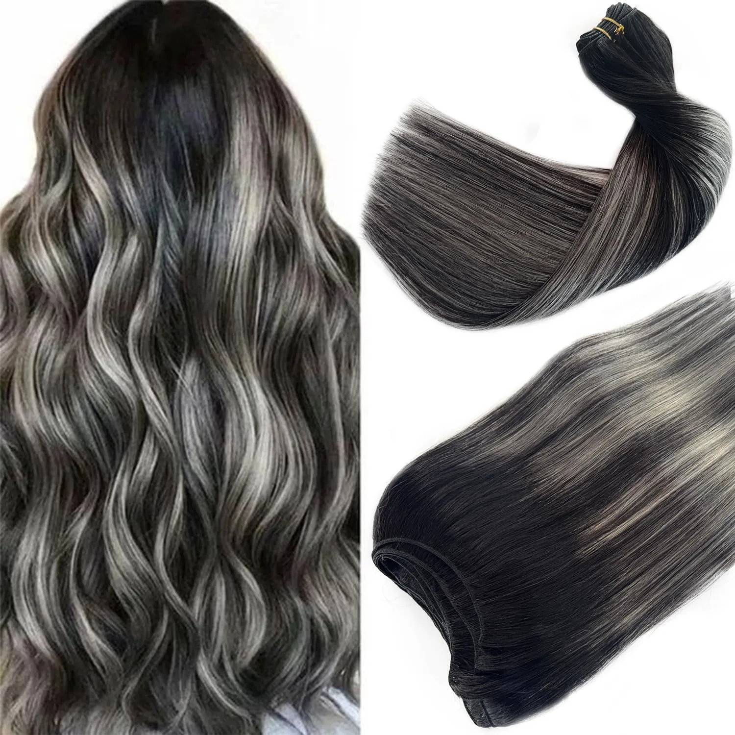 Weft Hair Extensions Human Hair Sew in Weave Bundles Straight Natural Black to Silver 16 Inch Sew in Hair Extensions for Women Real Human Hair