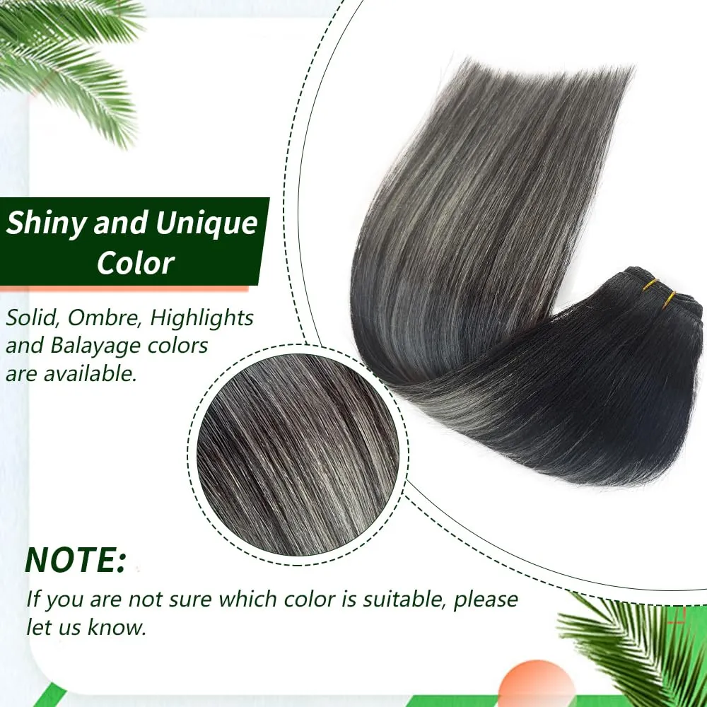 Weft Hair Extensions Human Hair Sew in Weave Bundles Straight Natural Black to Silver 16 Inch Sew in Hair Extensions for Women Real Human Hair