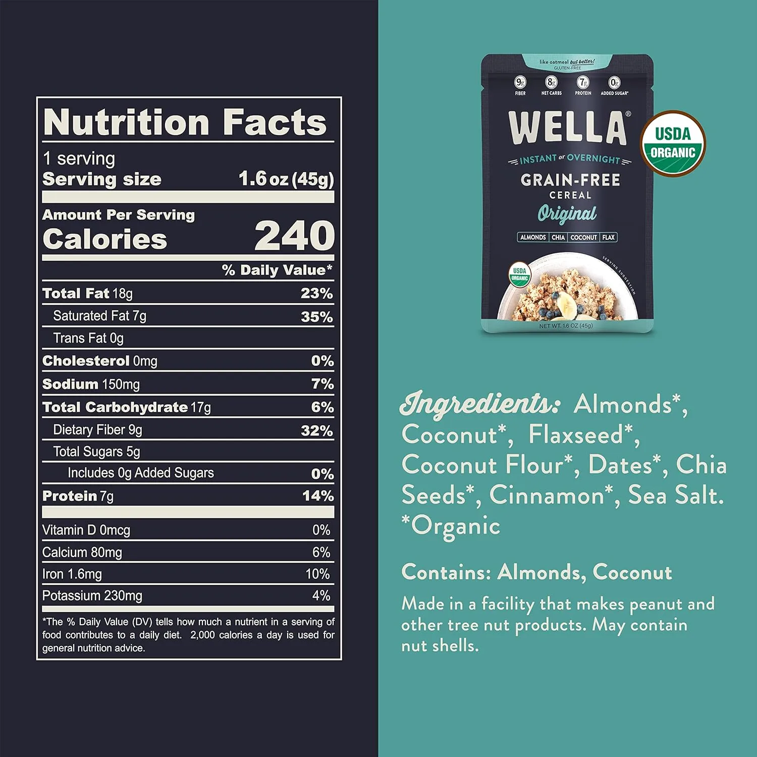 Wella Cereal Oatmeal Alternative, Gluten-Free Breakfast Hot Cereal, Grain-Free Paleo Organic Vegan High Protein Superfood, Plant-Based Non-GMO, Low in Net Carbs, Single-Serve Packets, Original Flavor (10 Count, 1.6 oz. Packets)