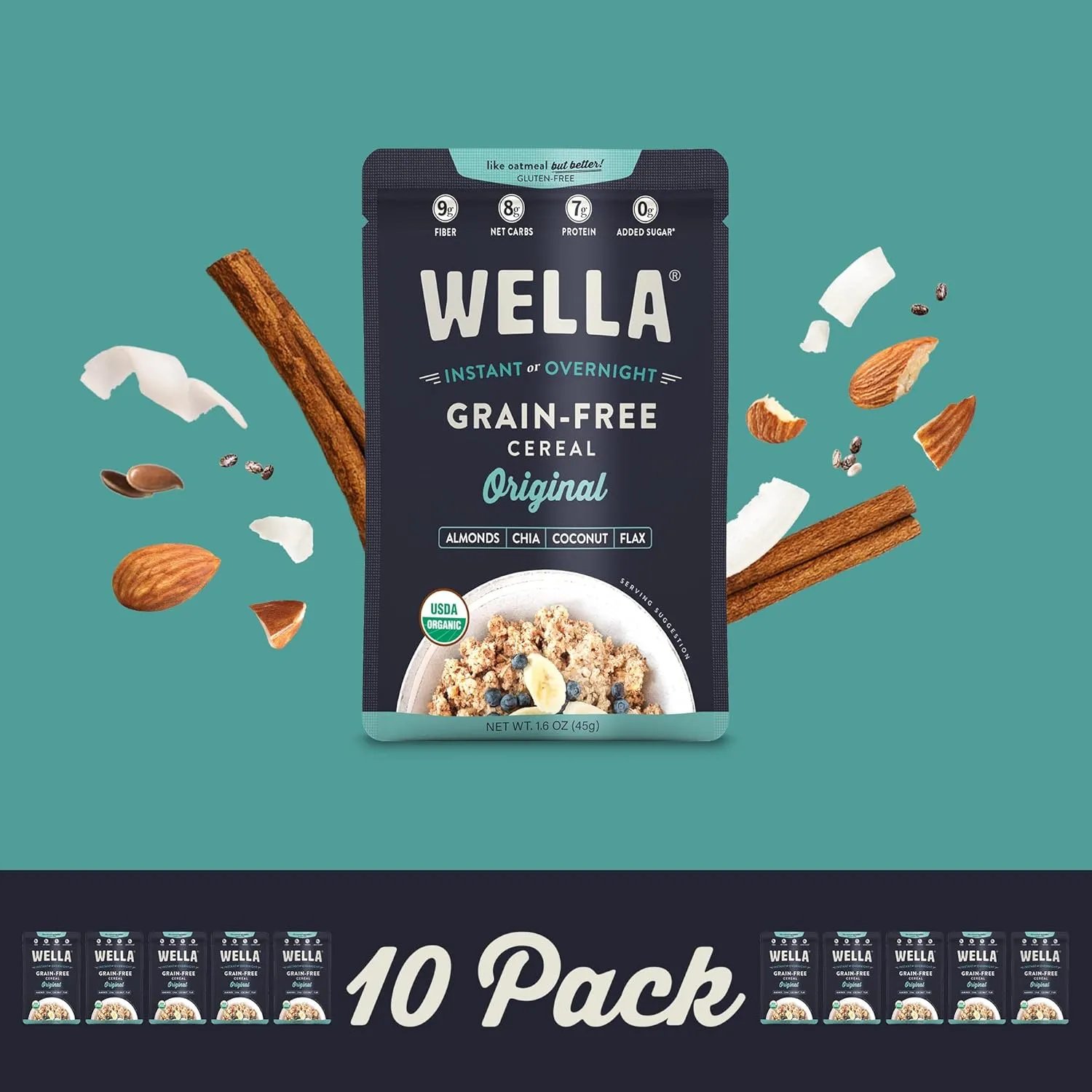 Wella Cereal Oatmeal Alternative, Gluten-Free Breakfast Hot Cereal, Grain-Free Paleo Organic Vegan High Protein Superfood, Plant-Based Non-GMO, Low in Net Carbs, Single-Serve Packets, Original Flavor (10 Count, 1.6 oz. Packets)