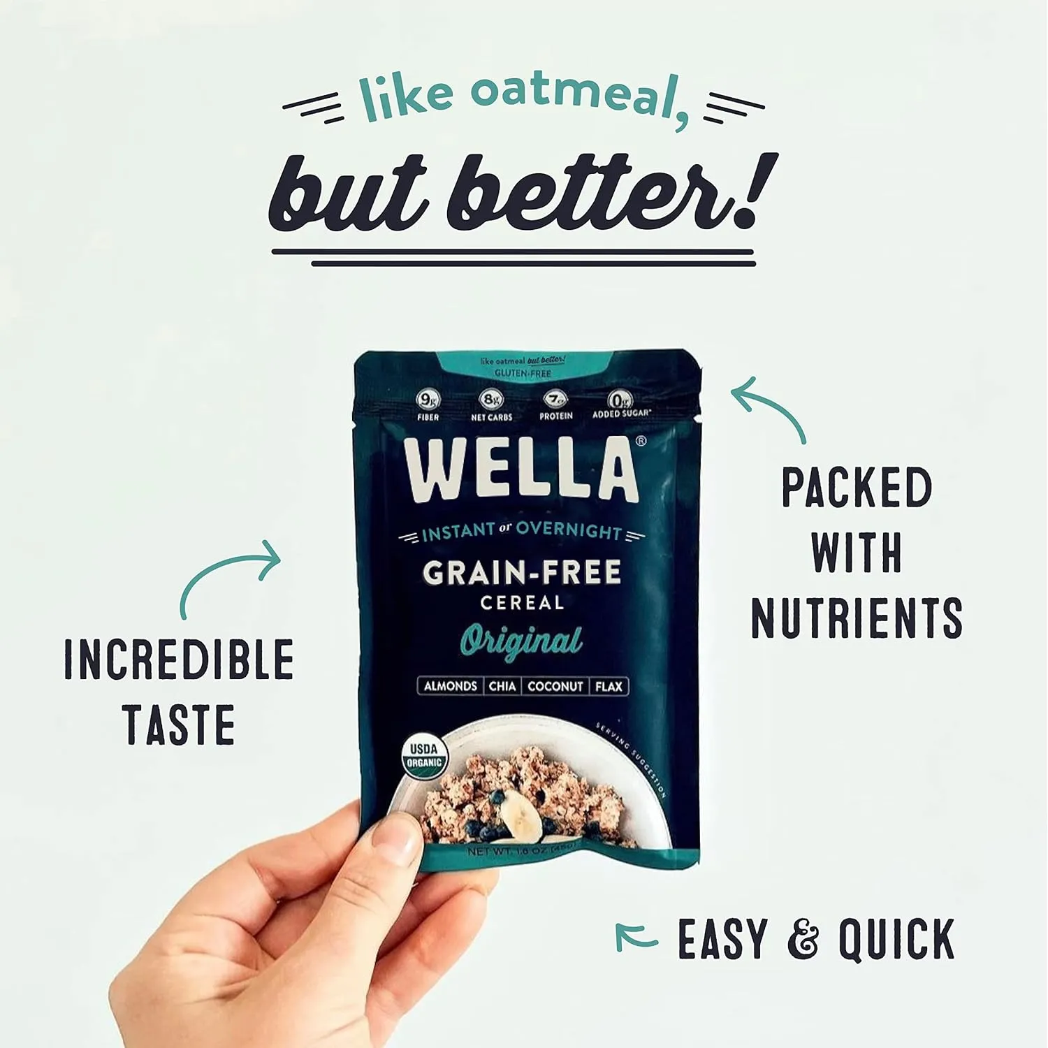 Wella Cereal Oatmeal Alternative, Gluten-Free Breakfast Hot Cereal, Grain-Free Paleo Organic Vegan High Protein Superfood, Plant-Based Non-GMO, Low in Net Carbs, Single-Serve Packets, Original Flavor (10 Count, 1.6 oz. Packets)