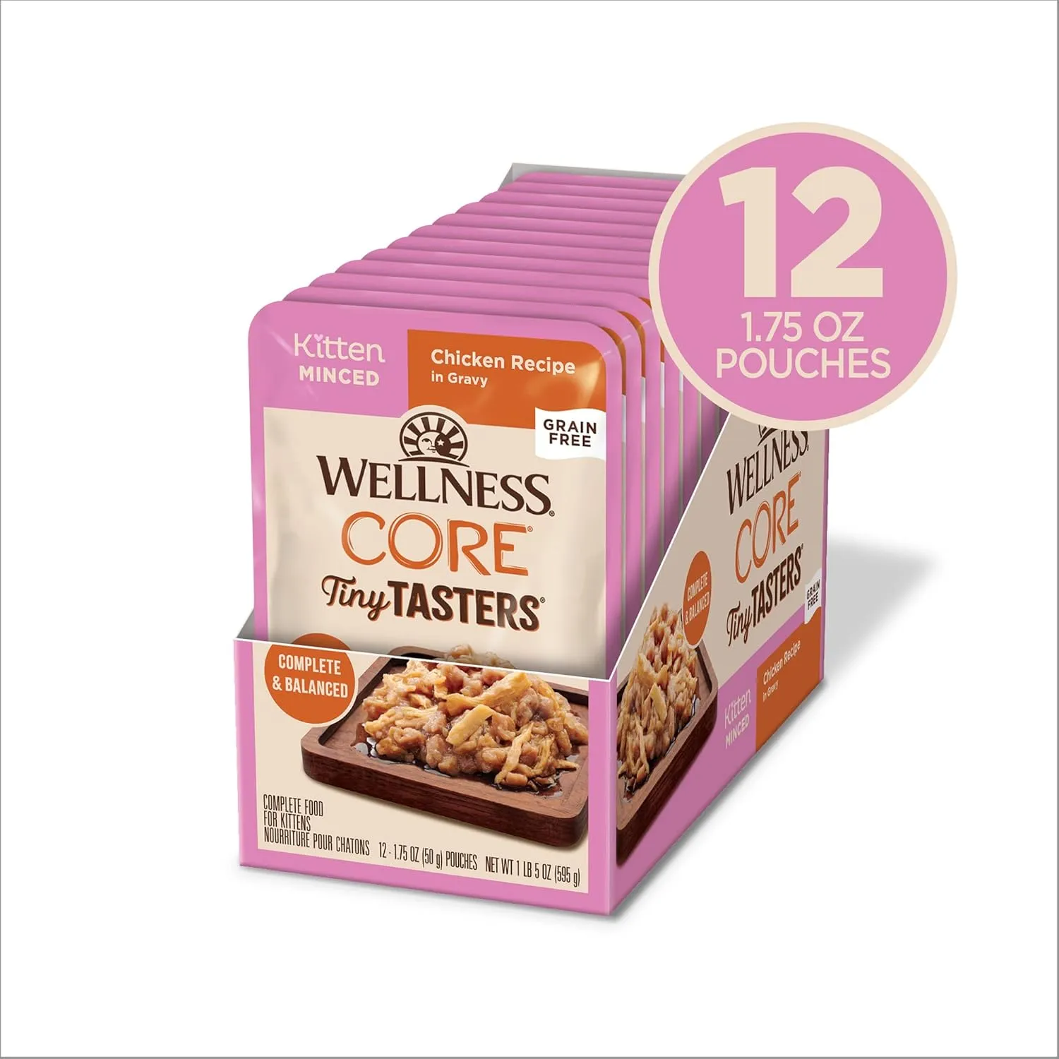Wellness CORE Tiny Tasters Minced Kitten Wet Cat Food, Natural, Protein-Rich, Grain Free, 1.75-Ounce Pouch, 12 Pack, (Chicken)