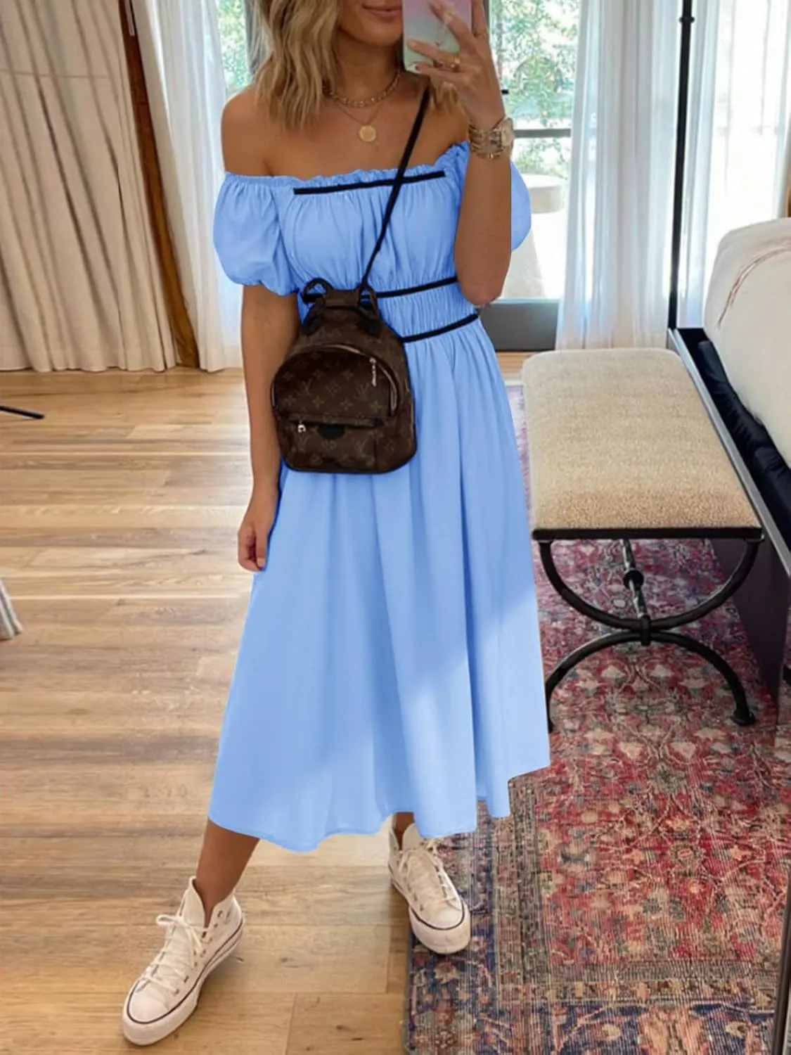 Wenrine Womens Off The Shoulder Midi Dress Summer Square Neck Puff Short Sleeve Casual Flowy A Line Beach Dresses