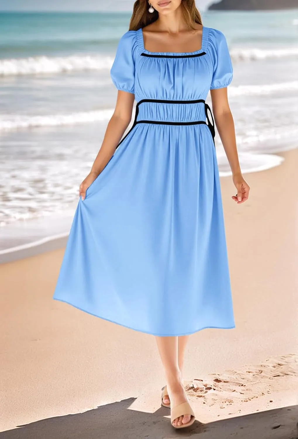 Wenrine Womens Off The Shoulder Midi Dress Summer Square Neck Puff Short Sleeve Casual Flowy A Line Beach Dresses