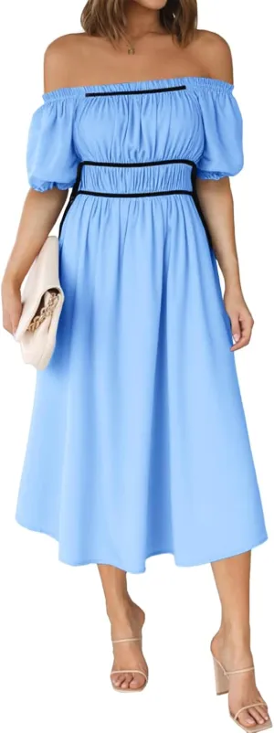 Wenrine Womens Off The Shoulder Midi Dress Summer Square Neck Puff Short Sleeve Casual Flowy A Line Beach Dresses