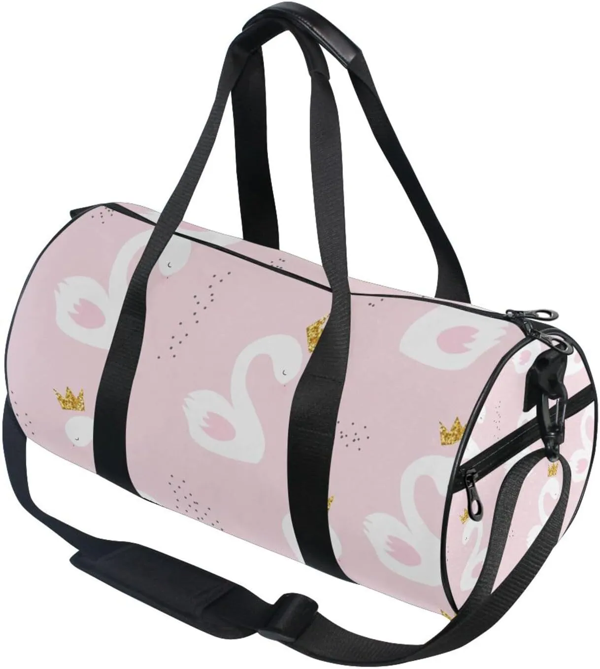 White Cute Swan Princess with Golden Glitter Crown on Light Pink Portable Gym Bag, Travel Bag, Luggage bag, Sports Bag, Toiletry Bag with Handles, Detachable Shoulder Strap 17.6 x 9 x 9 inch