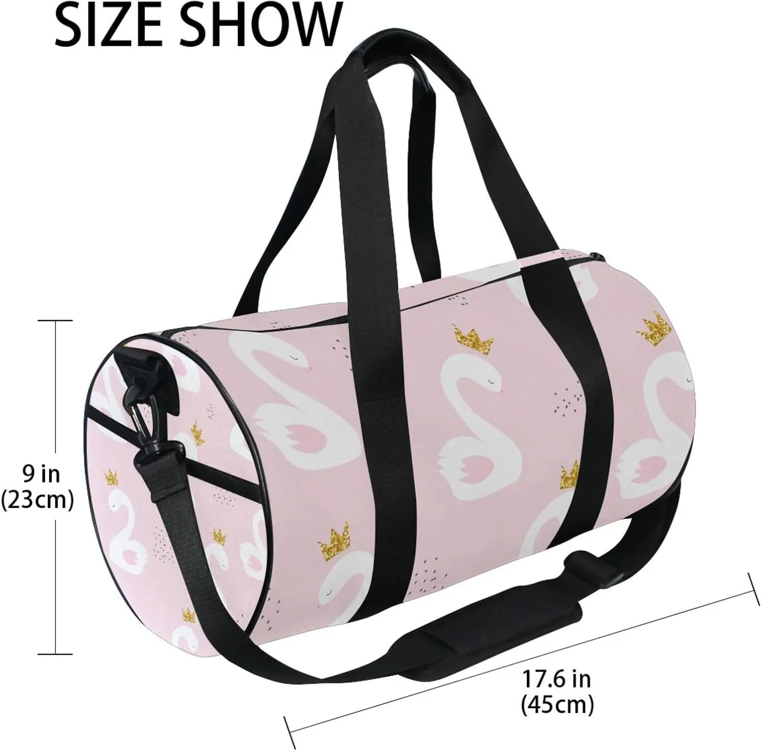 White Cute Swan Princess with Golden Glitter Crown on Light Pink Portable Gym Bag, Travel Bag, Luggage bag, Sports Bag, Toiletry Bag with Handles, Detachable Shoulder Strap 17.6 x 9 x 9 inch