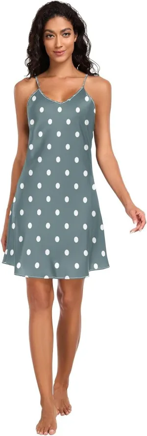 White Polka Dots Blue Basic Satin Slip Lingerie, Sexy V Neck Spaghetti Strap Nightgown, Small