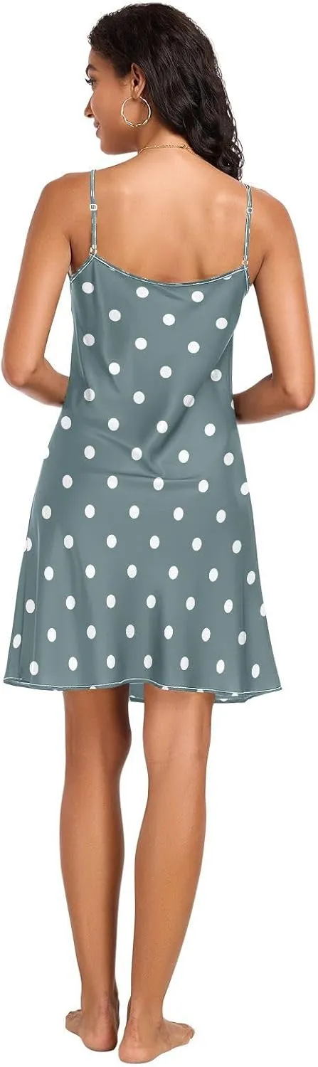 White Polka Dots Blue Basic Satin Slip Lingerie, Sexy V Neck Spaghetti Strap Nightgown, Small