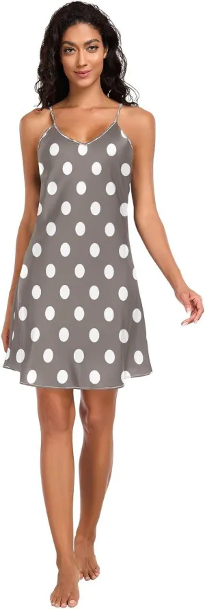 White Polka Dots Brown Slip Nightgowns for Women, V Neck Sleeveless Sleep Shirts for Women, Small