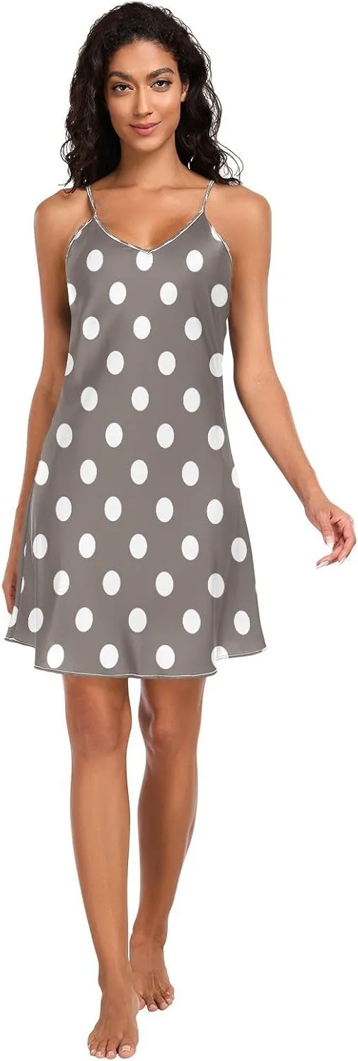 White Polka Dots Brown Slip Nightgowns for Women, V Neck Sleeveless Sleep Shirts for Women, Small