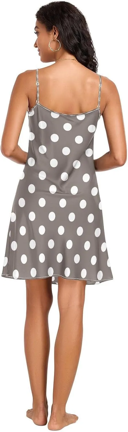 White Polka Dots Brown Slip Nightgowns for Women, V Neck Sleeveless Sleep Shirts for Women, Small