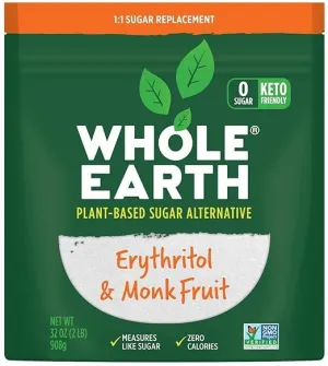 Whole-Earth Plant-Based Sugar Alternative, Erythritol & Monk Fruit, Net Weight 32 Ounce(2lbs)