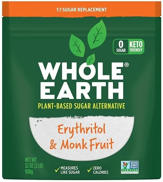 Whole-Earth Plant-Based Sugar Alternative, Erythritol & Monk Fruit, Net Weight 32 Ounce(2lbs)