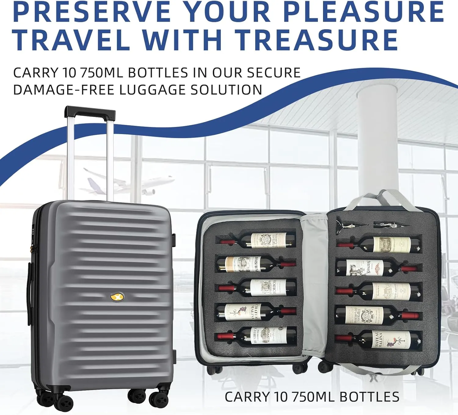 Wine Luggage, 10 Bottle Travel Case, Durable Spinner Wheels, TSA Lock, Removable Inserts