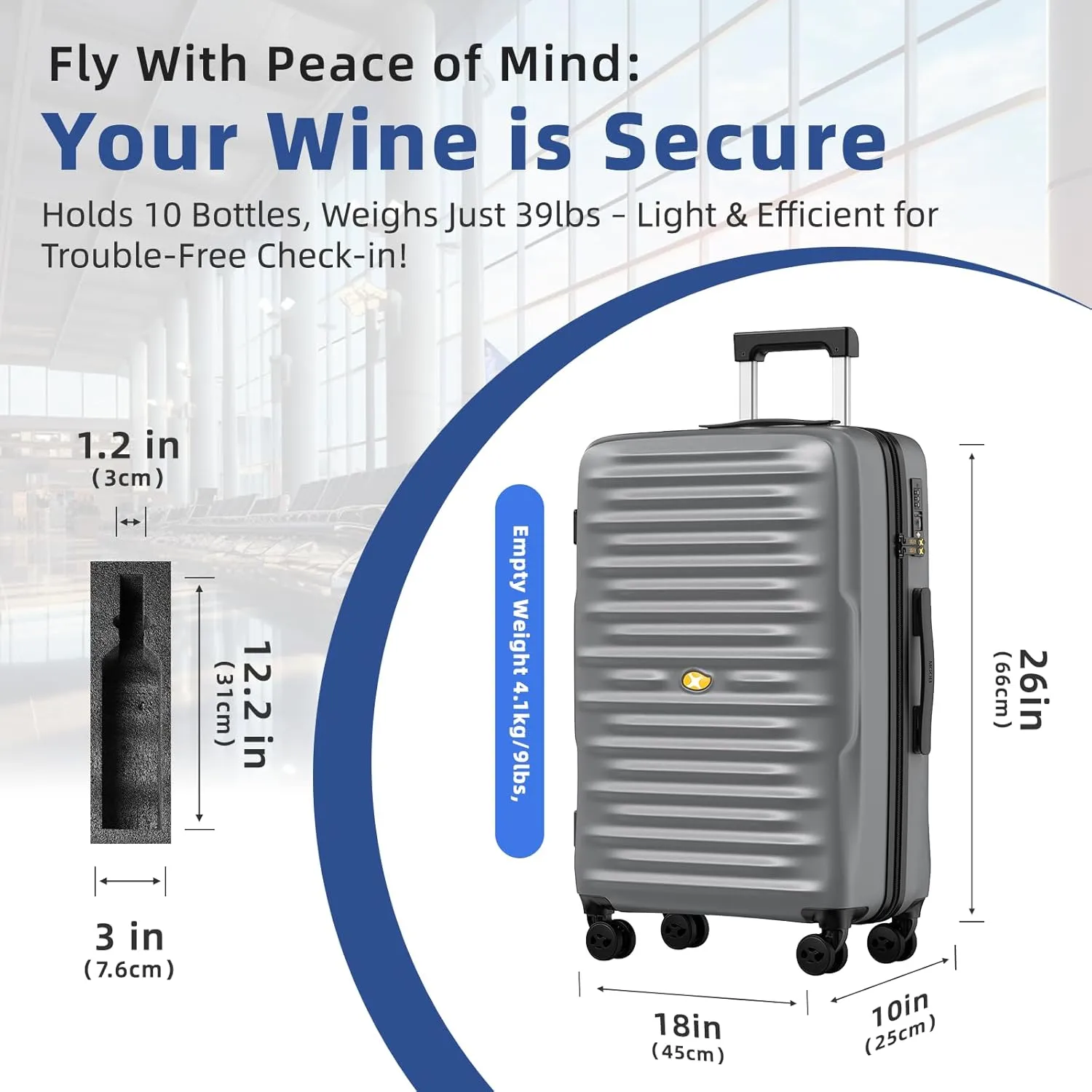 Wine Luggage, 10 Bottle Travel Case, Durable Spinner Wheels, TSA Lock, Removable Inserts