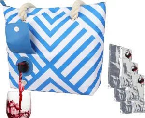 Wine Tote with Insulated Bladder Bag - Portable Backpack for Outdoor Travel, Beach, Camping and Picnic (Blue Stripe)