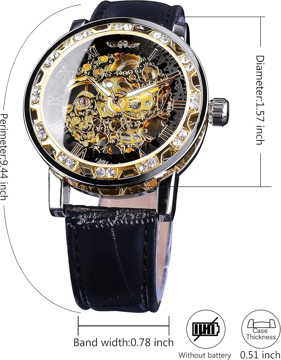 Winner Retro Manual Mechanical Skeleton Watch with Diamond and Carving Flower Craft Men Skeleton Wrist Watch Mechanical Classic Roman Number