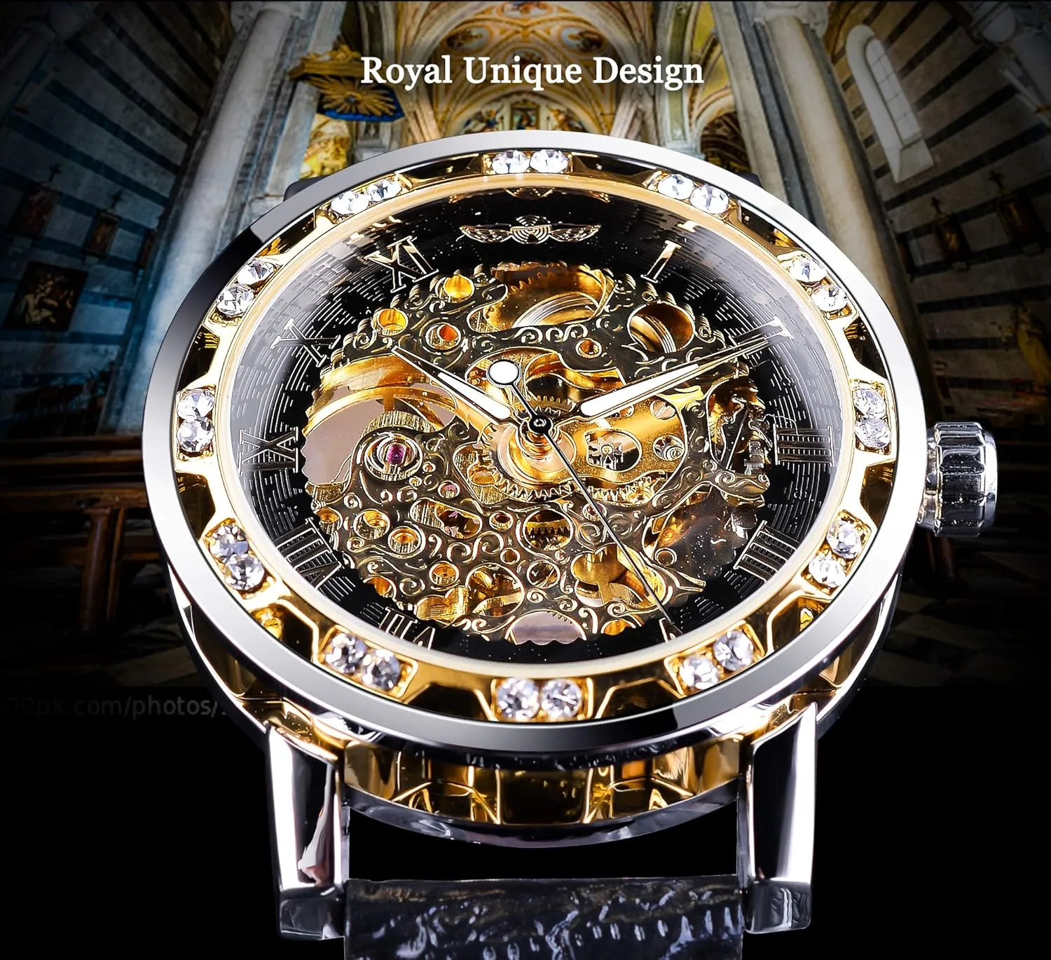 Winner Retro Manual Mechanical Skeleton Watch with Diamond and Carving Flower Craft Men Skeleton Wrist Watch Mechanical Classic Roman Number
