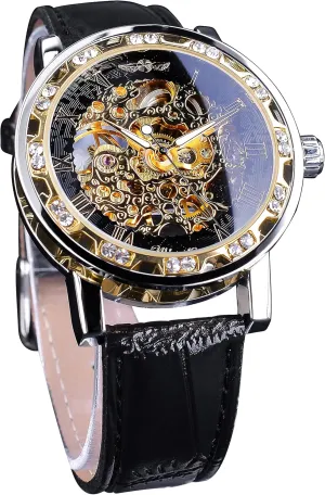 Winner Retro Manual Mechanical Skeleton Watch with Diamond and Carving Flower Craft Men Skeleton Wrist Watch Mechanical Classic Roman Number
