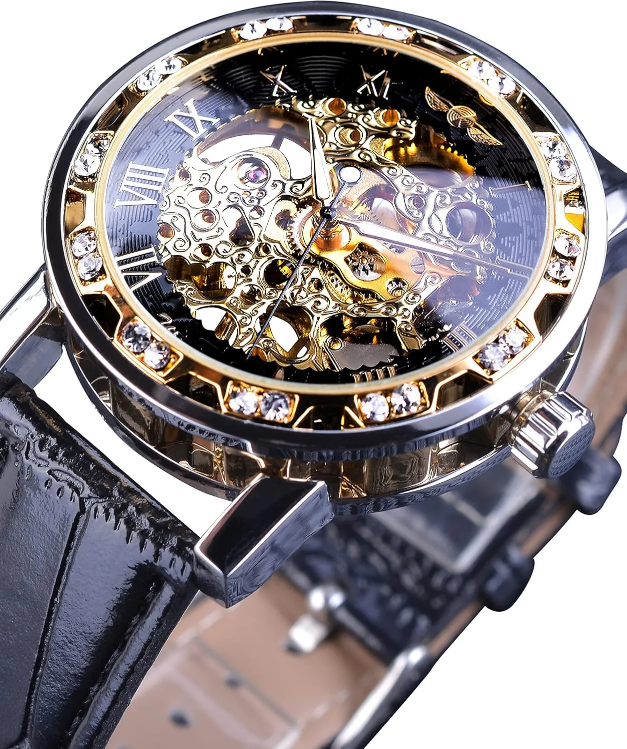 Winner Retro Manual Mechanical Skeleton Watch with Diamond and Carving Flower Craft Men Skeleton Wrist Watch Mechanical Classic Roman Number