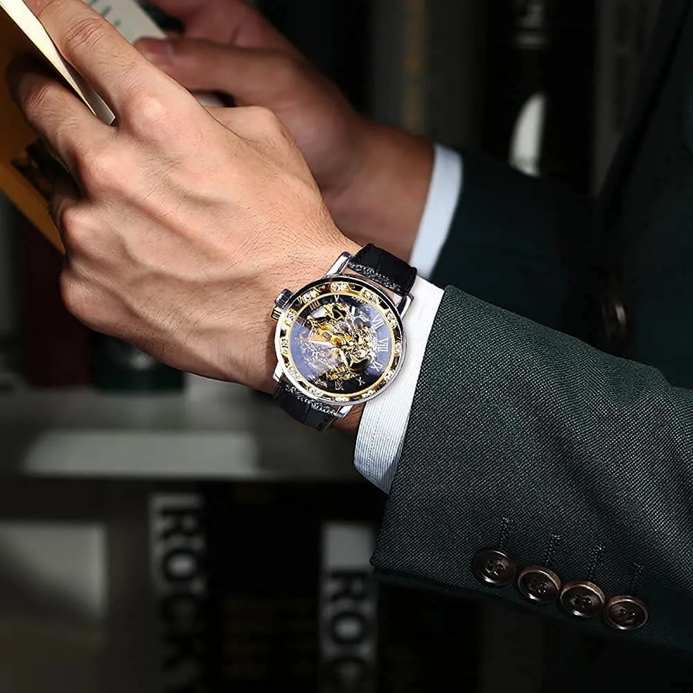 Winner Retro Manual Mechanical Skeleton Watch with Diamond and Carving Flower Craft Men Skeleton Wrist Watch Mechanical Classic Roman Number