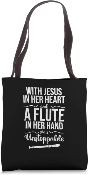 With Jesus In Her Heart Cute Christian Cool Flute Player Tote Bag