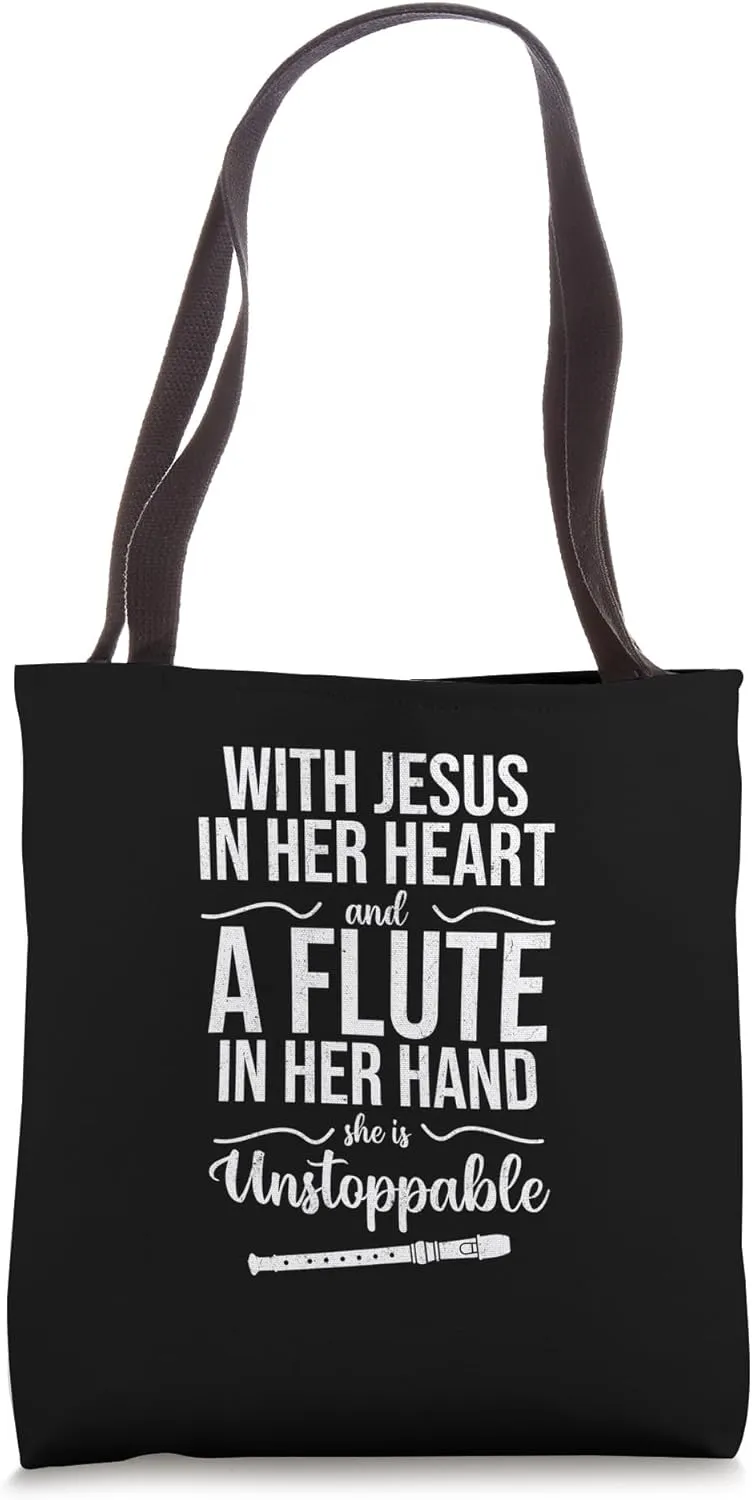 With Jesus In Her Heart Cute Christian Cool Flute Player Tote Bag
