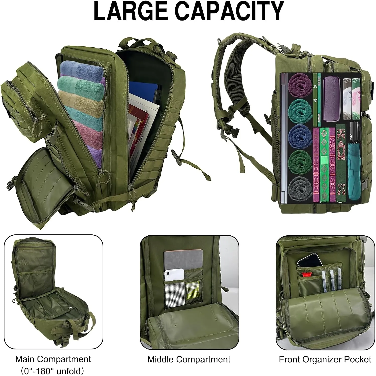 WOLT | Tactical Backpack for Men 45L Military Molle Backpack Large 3 Day Assault Pack Rucking Backpack for Hiking Survival(Army Green)